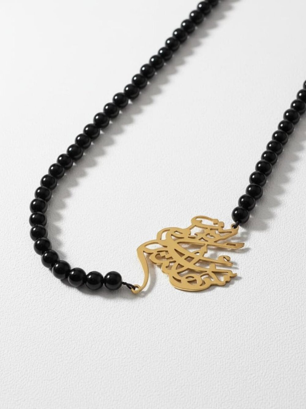 Gold-Plated Calligraphy Side Necklace with Onyx Beads